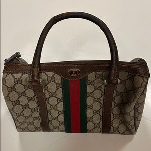 Gucci Beige and Brown Satchel with Red and Green Stripes